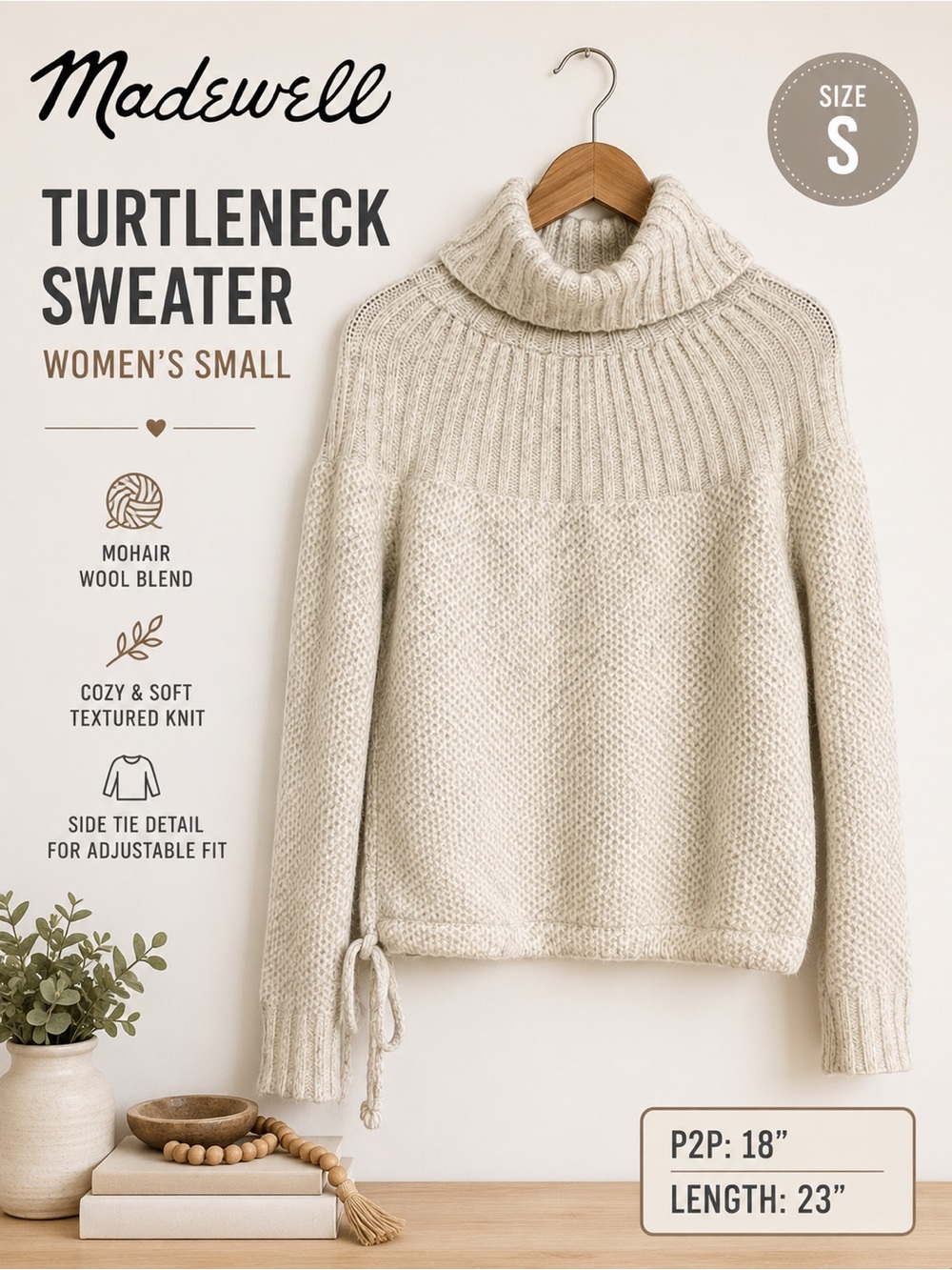Madewell Women’s Mohair Wool Blend Turtleneck Sweater Oatmeal Size Small